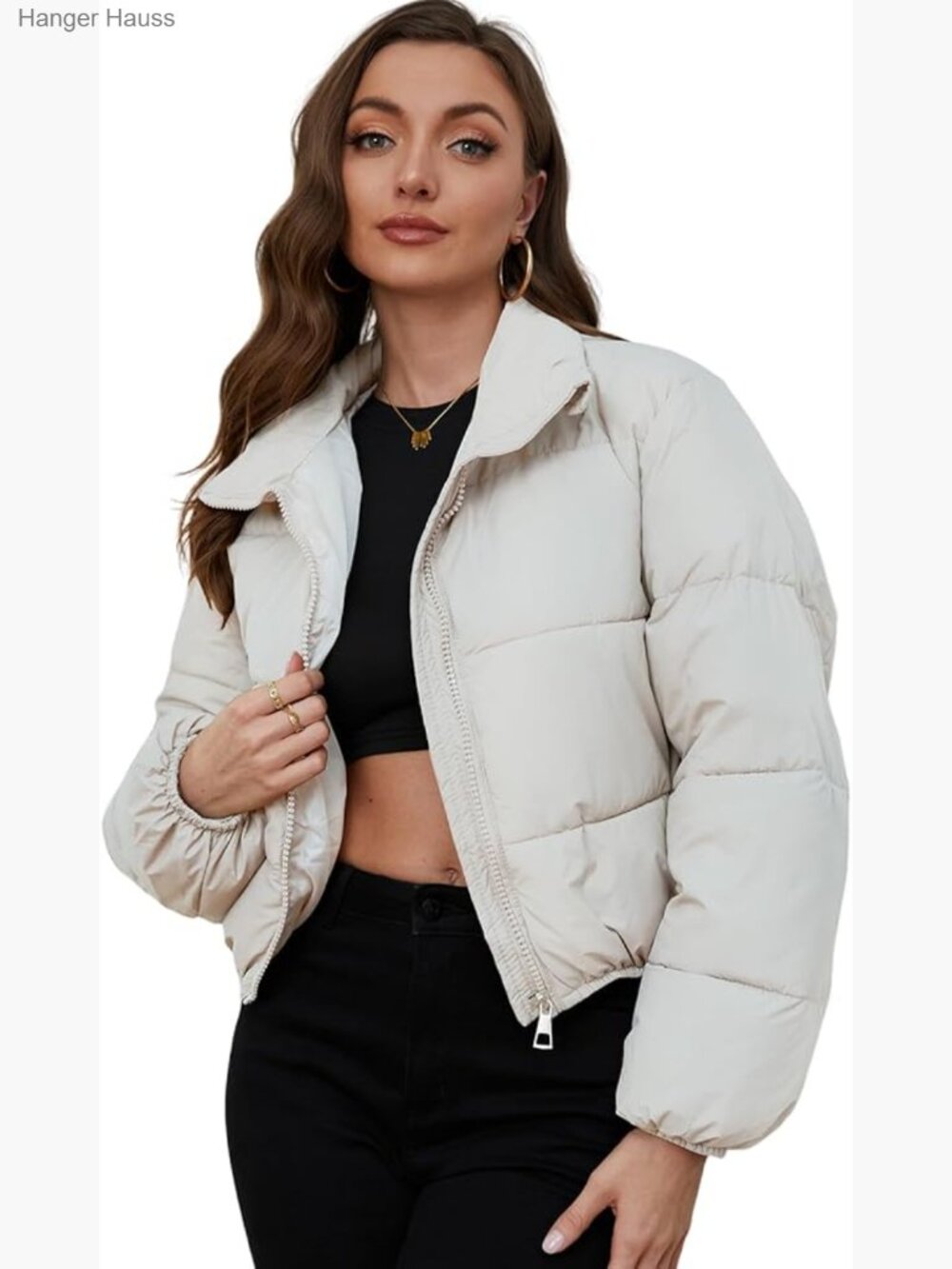 Cropped Puffer Jacket Quilted Lightweight Stand Collar Full Zip Short Down Coat